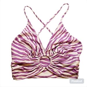 Better Be white and purple tiger stripes stretch knit o-ring v-neck crop top S